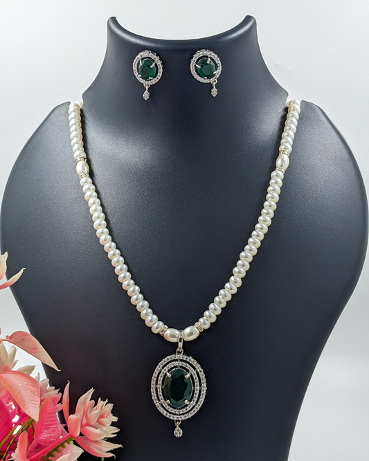 Pearl & Emerald Halo Pendant Necklace Set With Earrings For Gifting