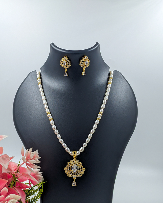 Pearl Necklace Set with Ornate Gold and Zircon Pendant