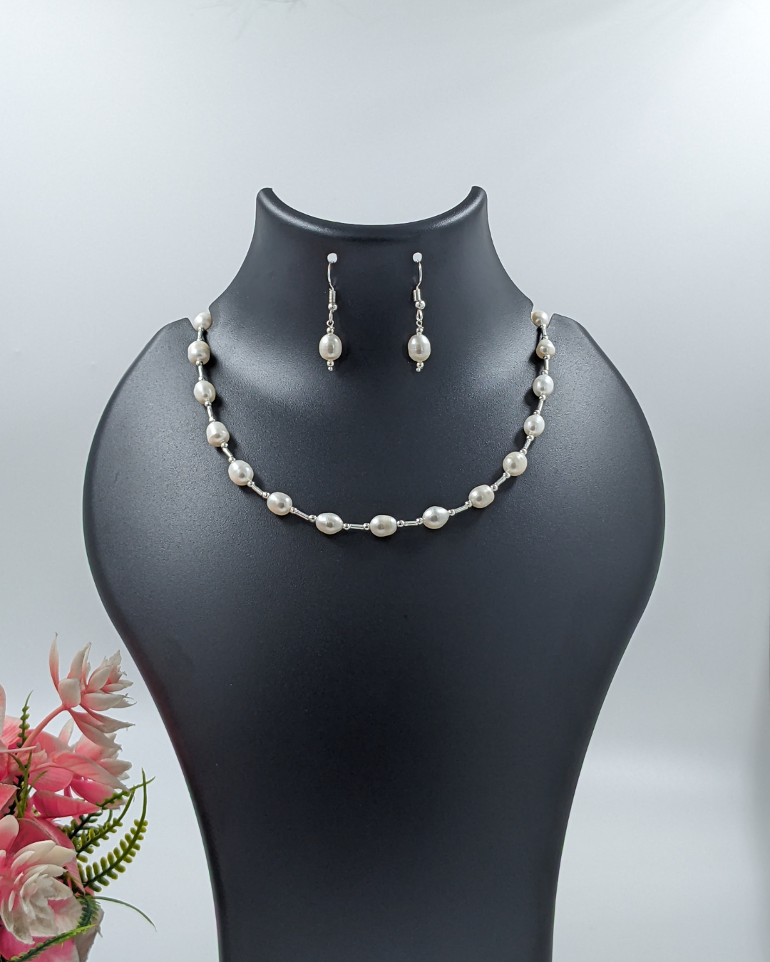 Silver-Plated Pearl Necklace Set with Earrings