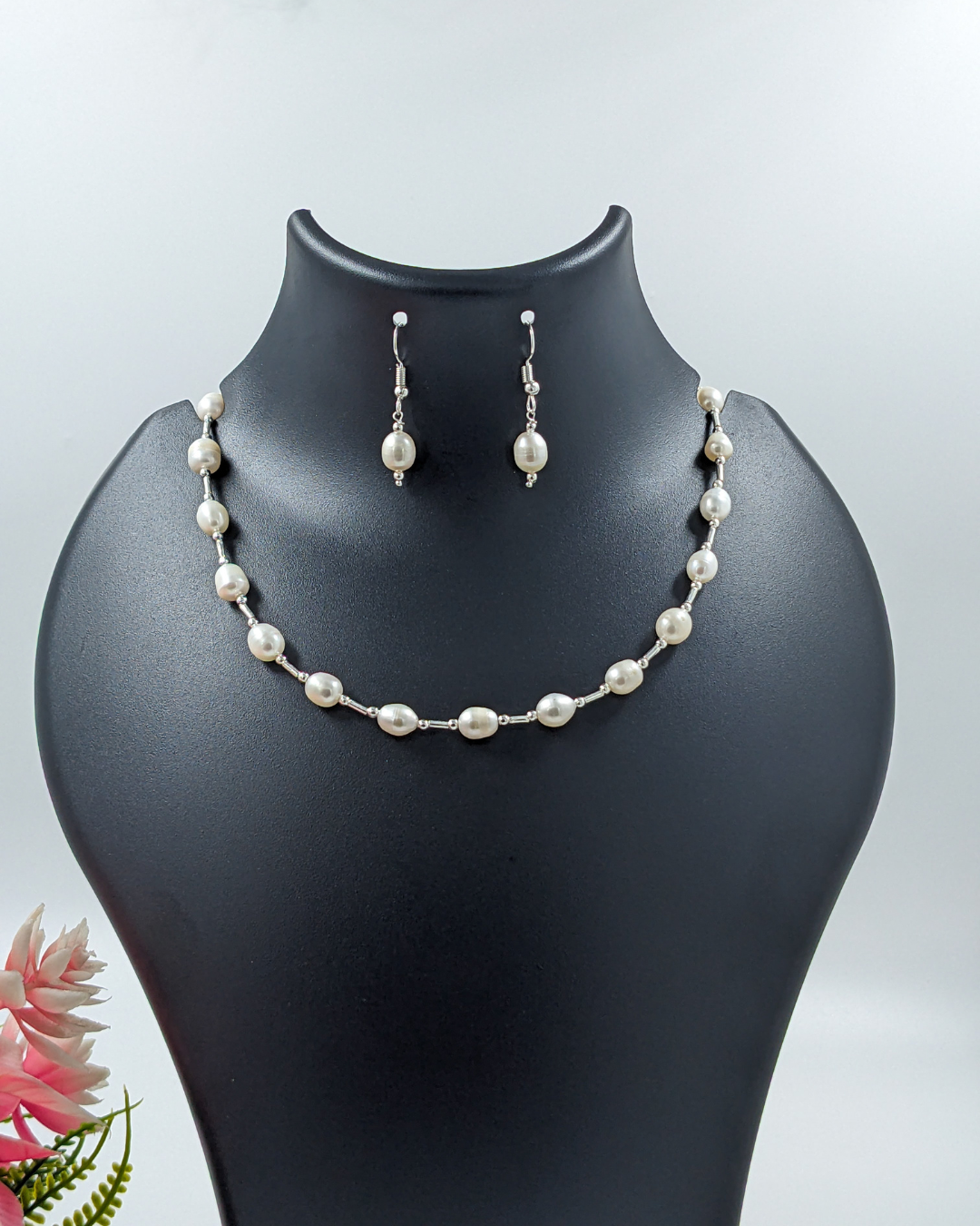 Silver-Plated Pearl Necklace Set with Earrings