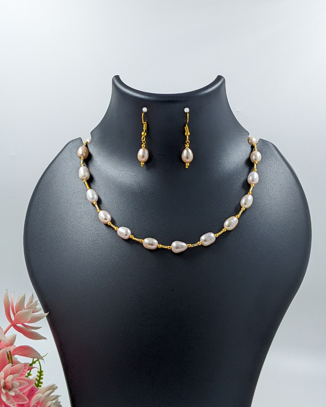 Gold-Plated Freshwater Pearl Necklace Set with Earrings