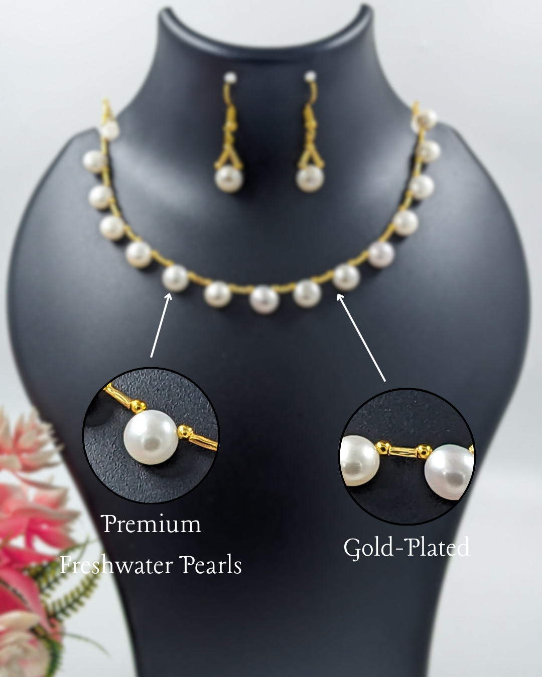 Gold-Plated Pearl Necklace Set with Earrings