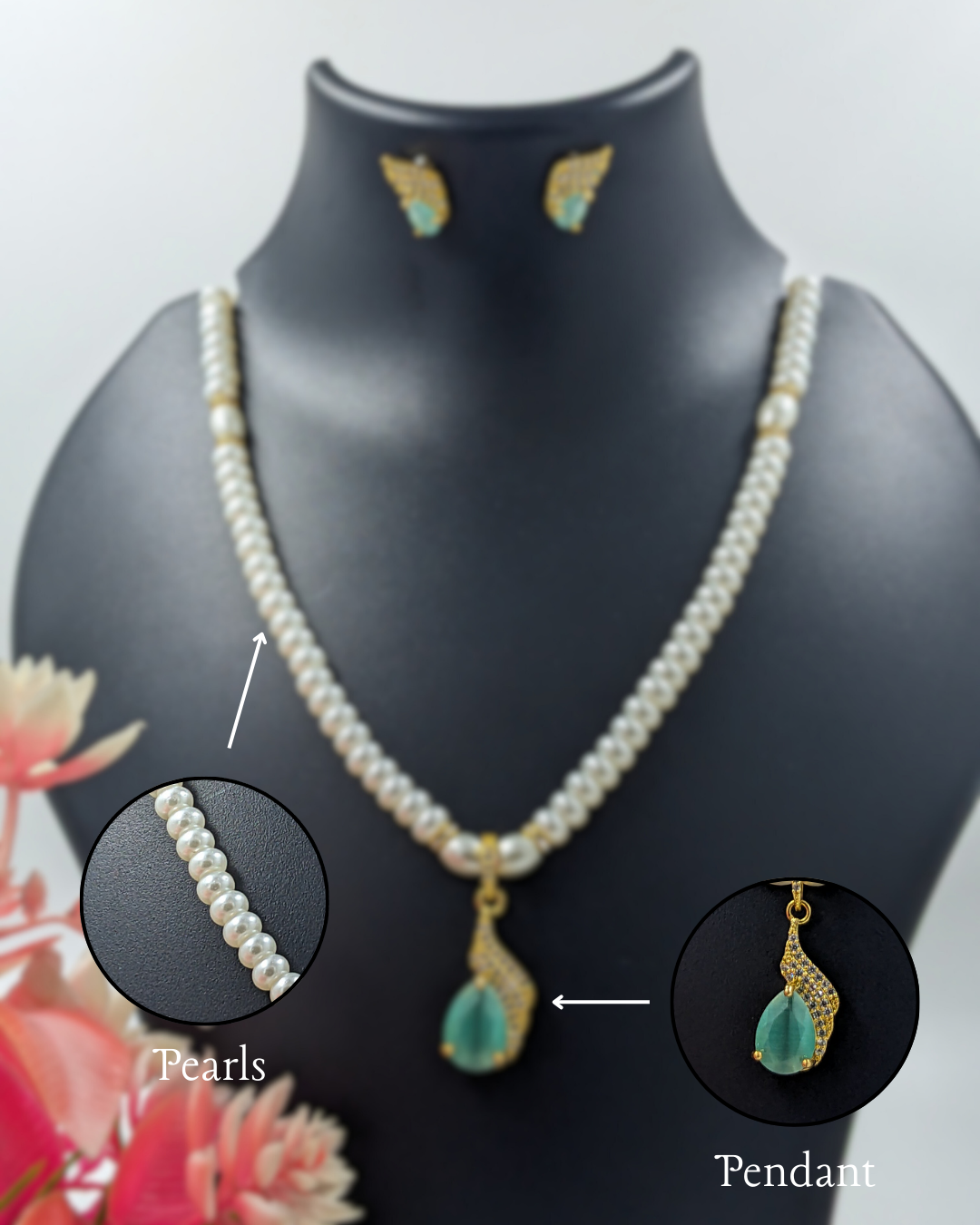 Pearl & Aqua Teardrop Pendant Necklace Set With Earrings For Gifting