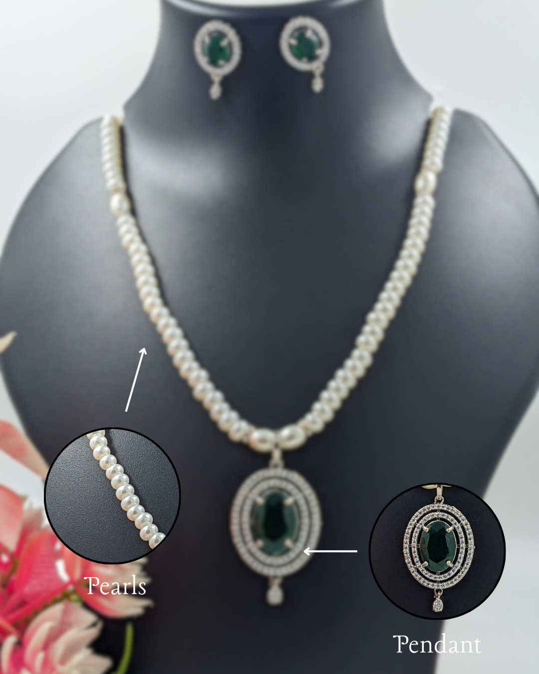 Pearl & Emerald Halo Pendant Necklace Set With Earrings For Gifting