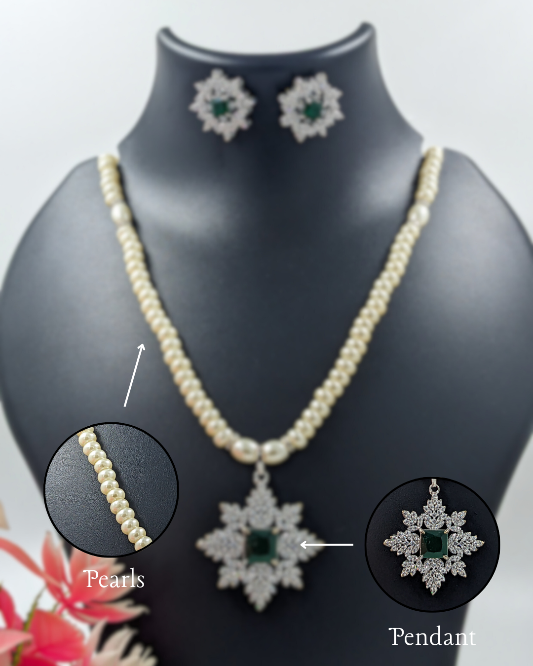 Pearl & Emerald Snowflake Pendant Necklace Set With Earrings For Gifting