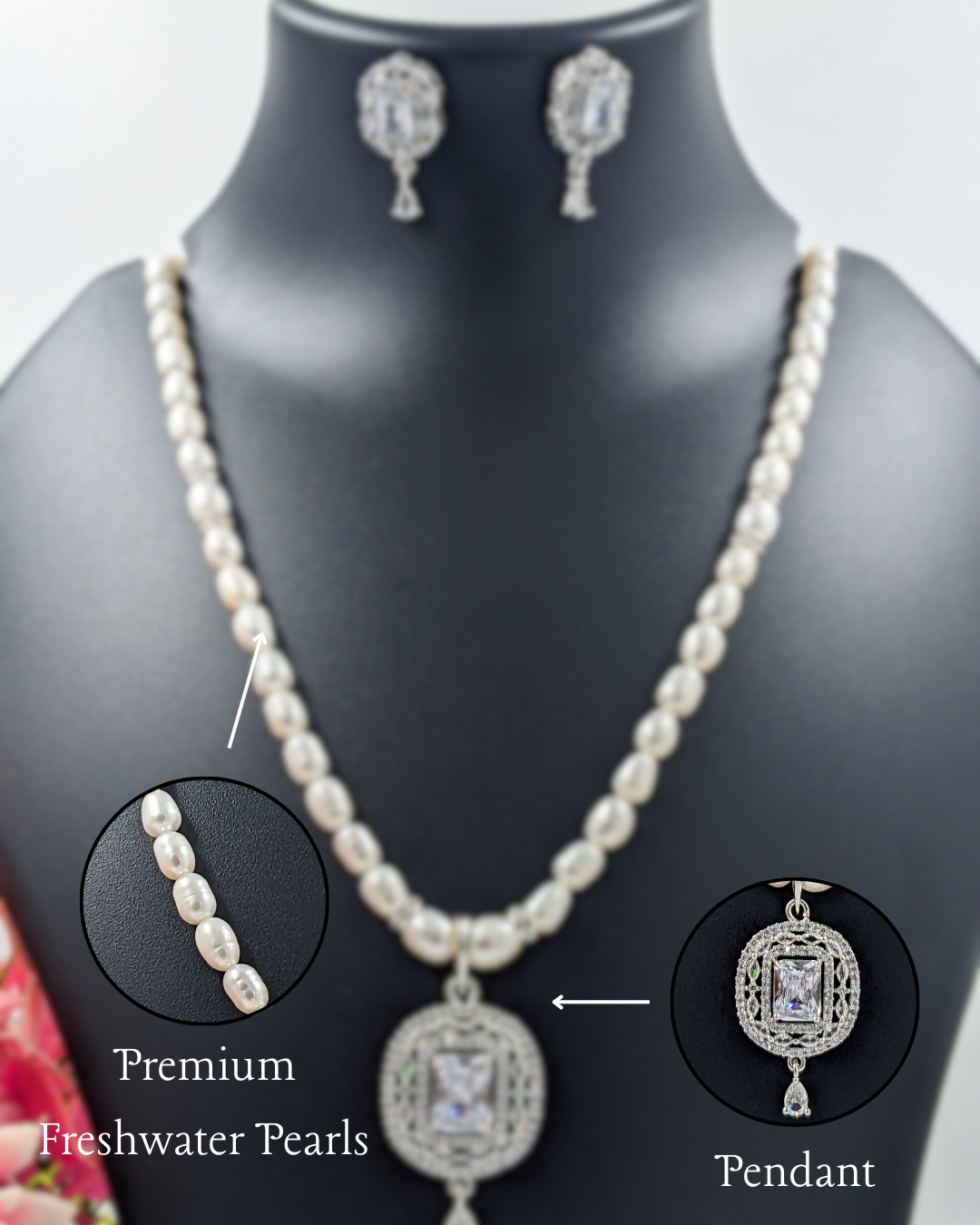 Pearl and Crystal Pendant Necklace Set With Earrings