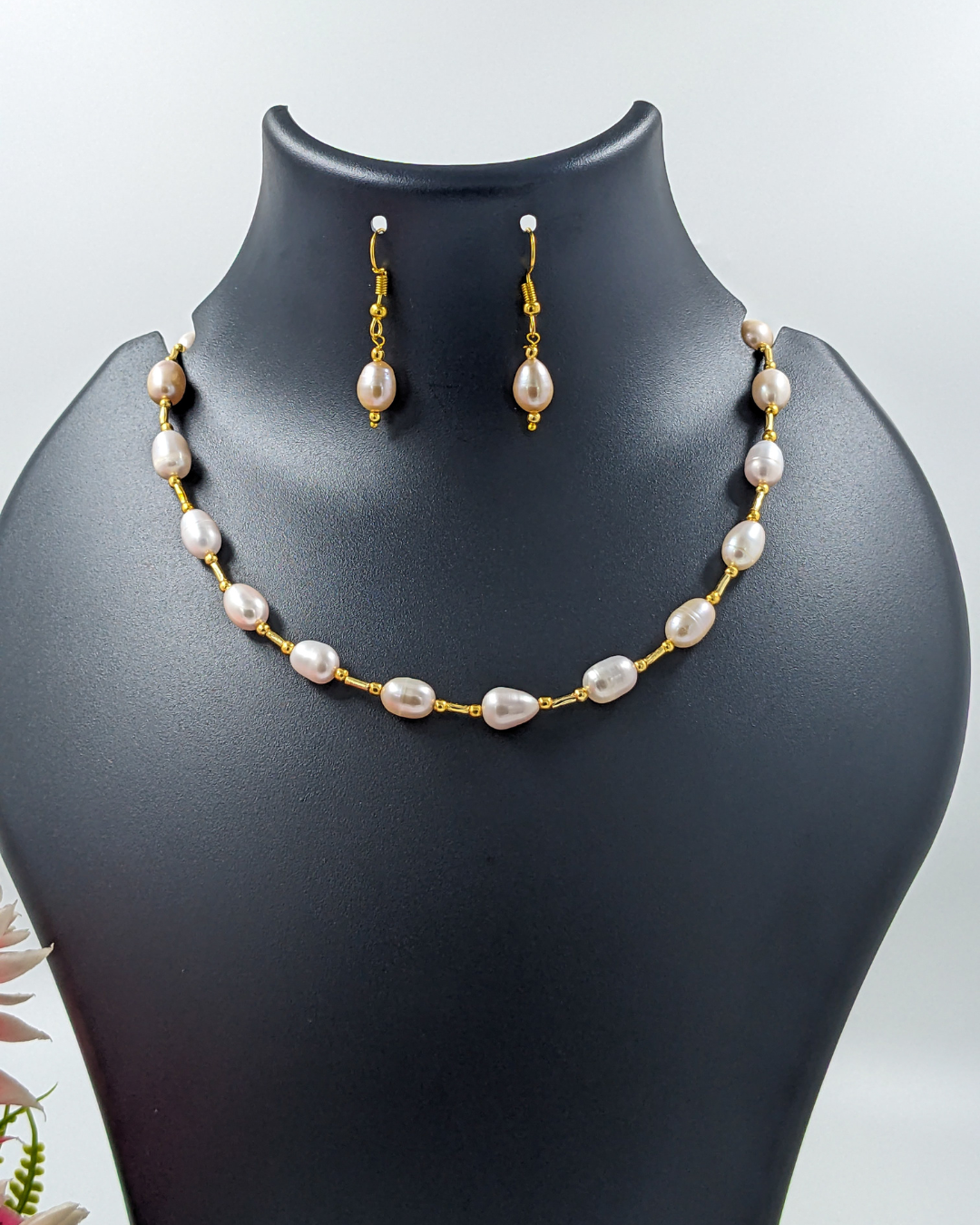 Gold-Plated Freshwater Pearl Necklace Set with Earrings