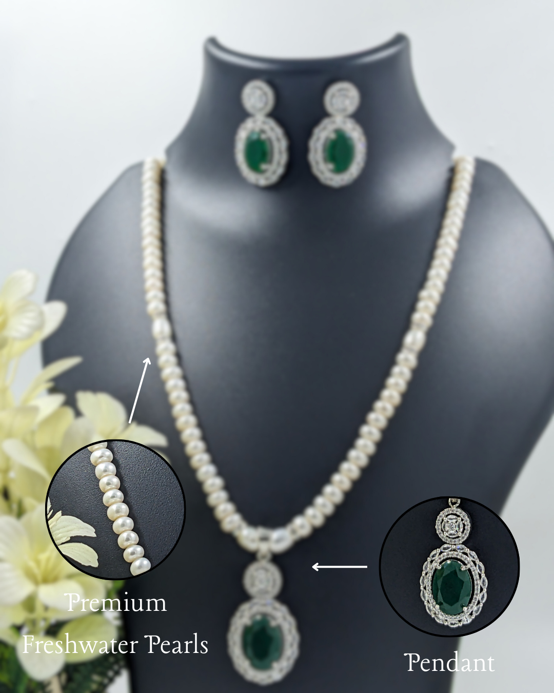 Cultured Freshwater Pearl and Emerald Pendant Necklace Set With Earrings