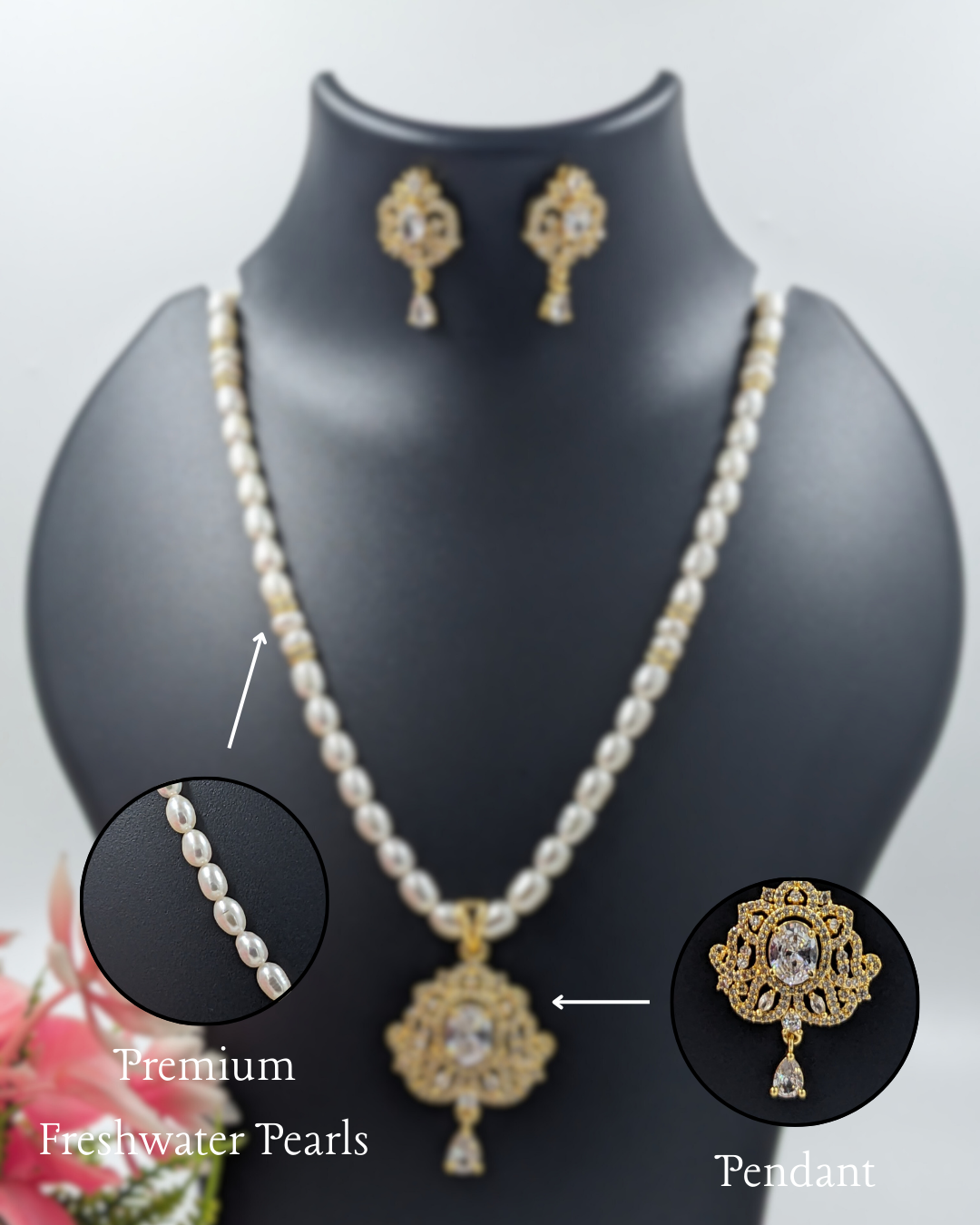 Pearl Necklace Set with Ornate Gold and Zircon Pendant
