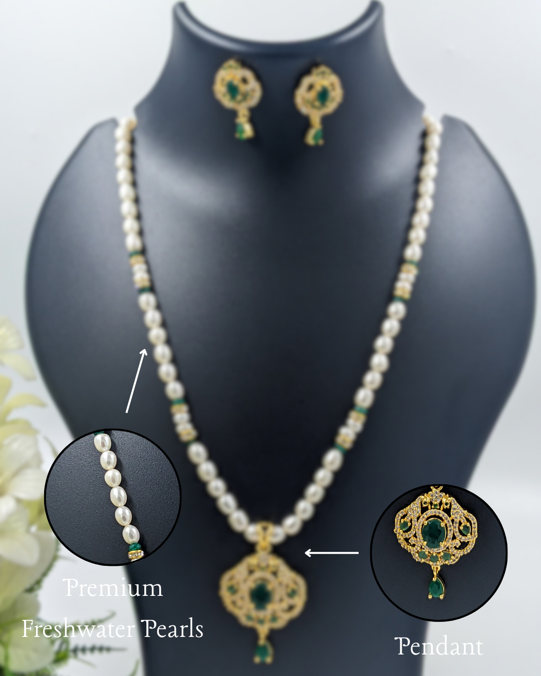 Gold Pendant Pearl and Emerald Necklace Set with Earring