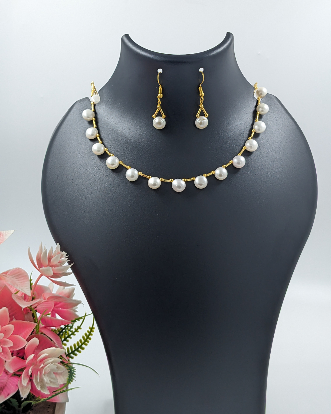Gold-Plated Pearl Necklace Set with Earrings