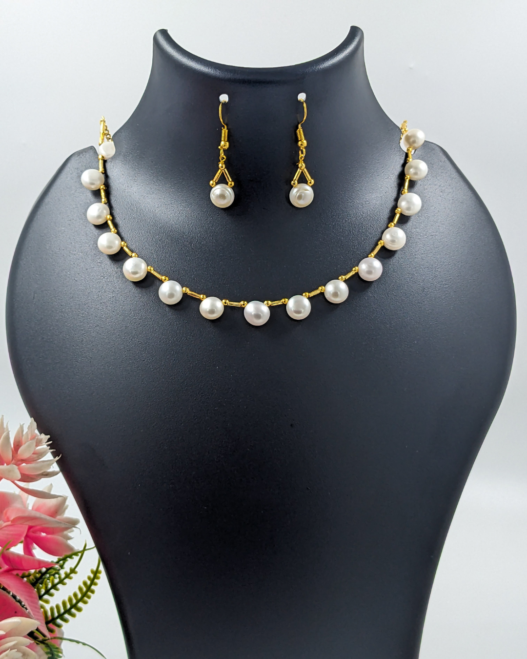 Gold-Plated Pearl Necklace Set with Earrings