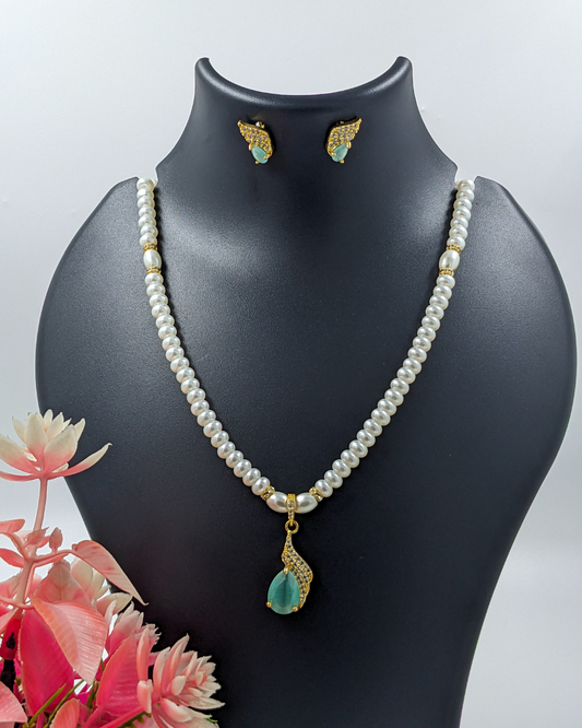 Pearl & Aqua Teardrop Pendant Necklace Set With Earrings For Gifting