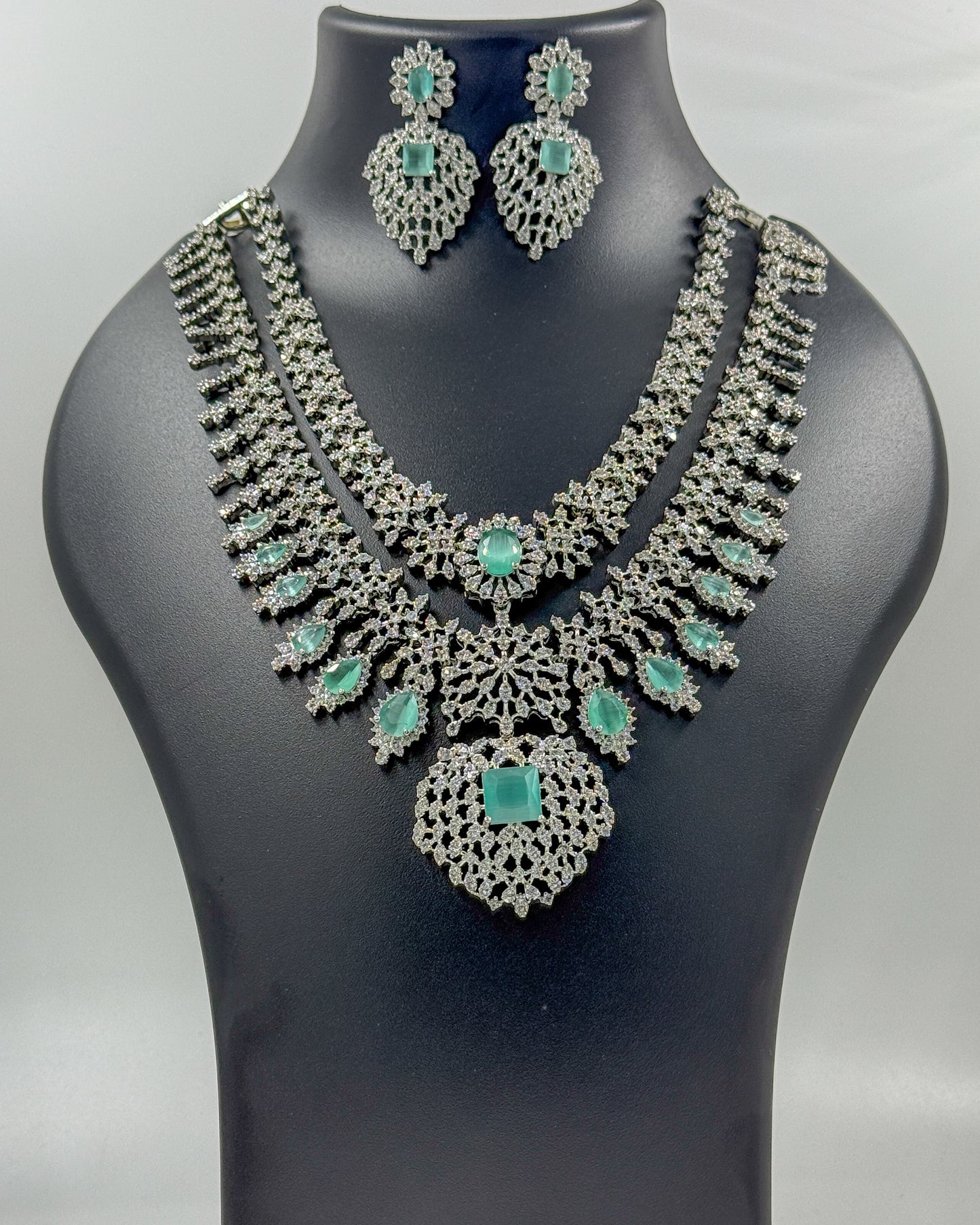 Panna Mahal: Grand Mint Green AD Stone Double Layer Set