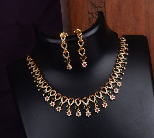 Ruby, Emerald, and American Diamond Floral Necklace Set