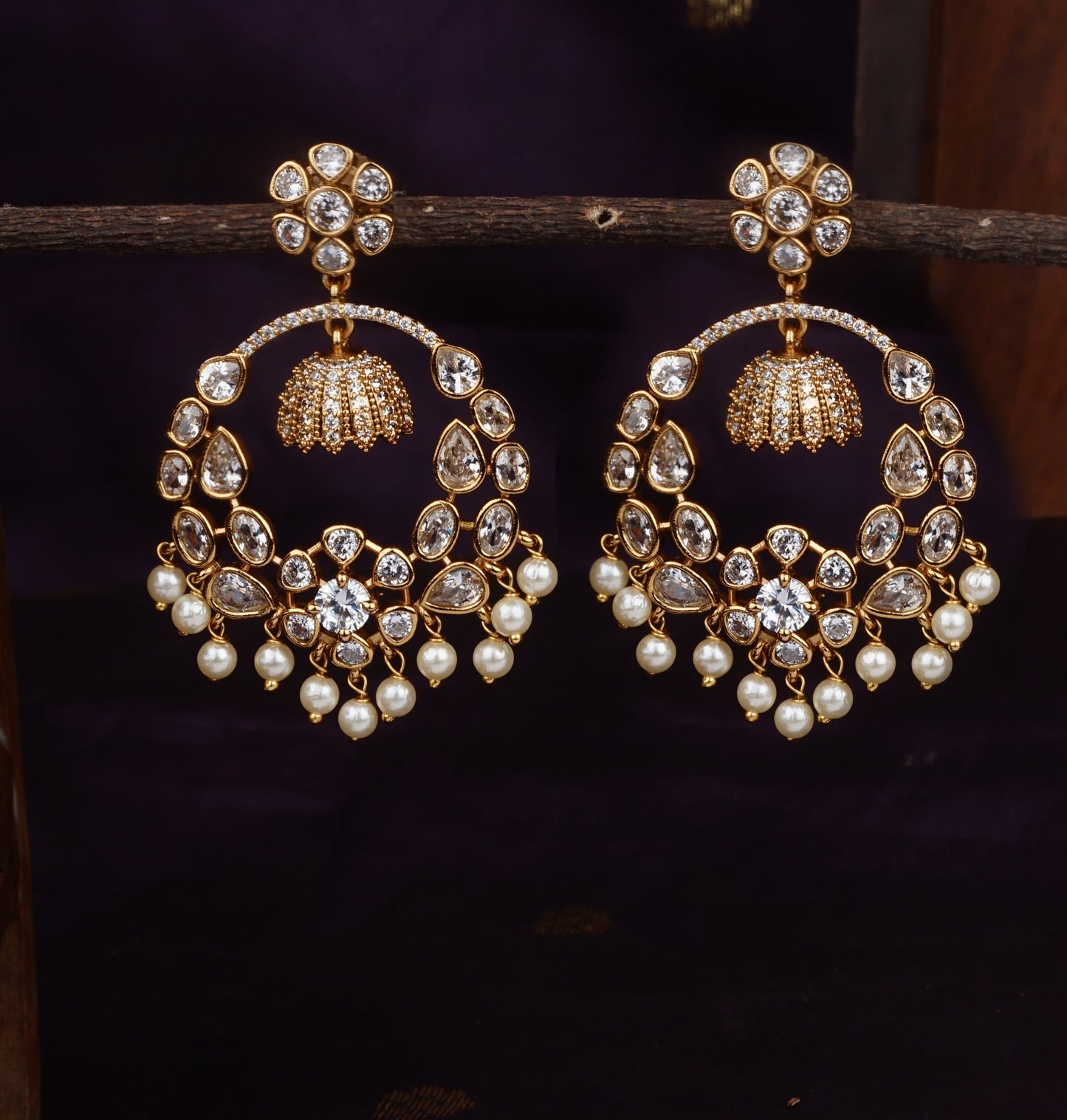 Kundan Earrings with Chand Bali Style contains Jumka