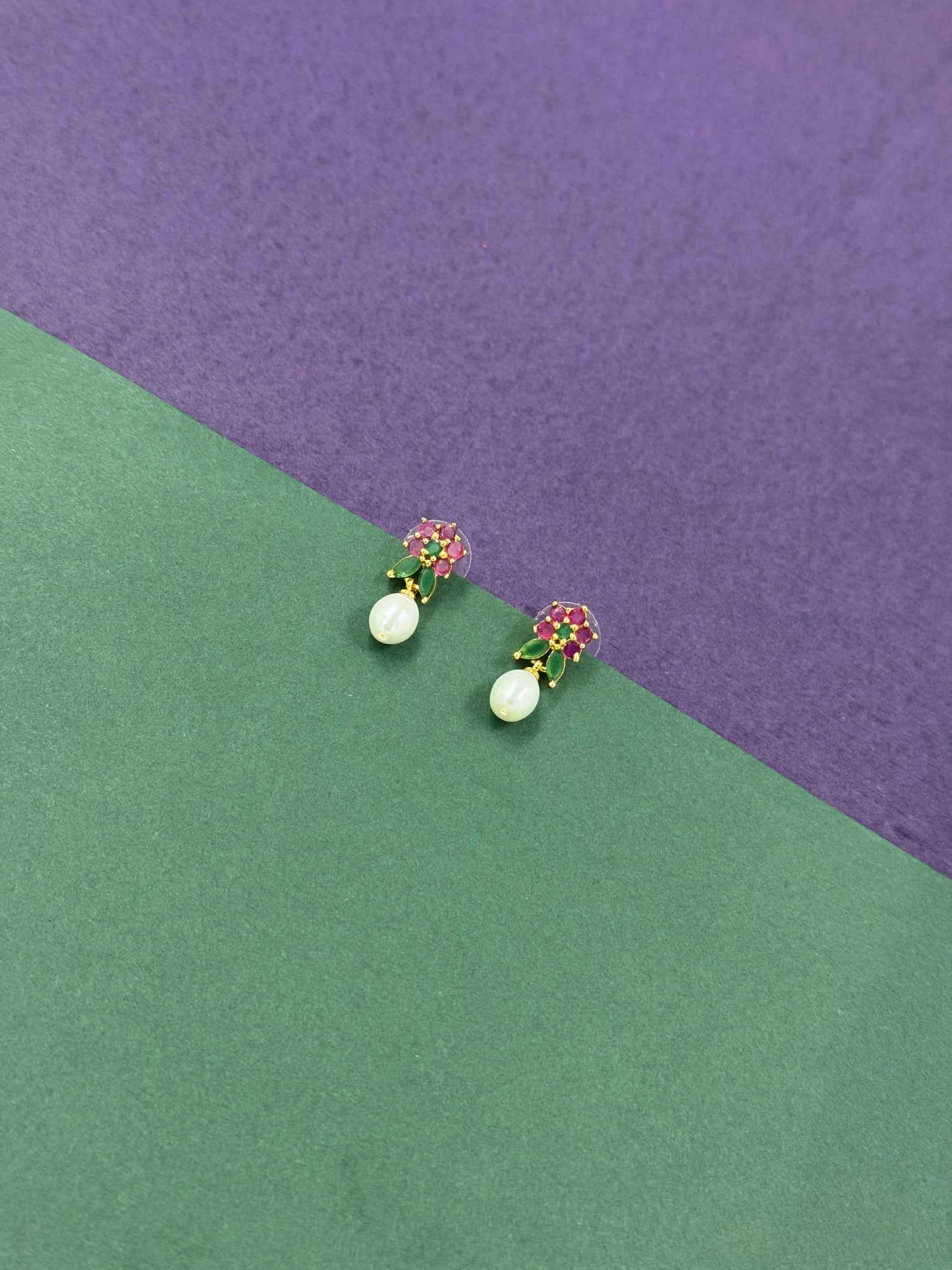 Vibrant Pink & Green Floral Pearl Drop Earrings