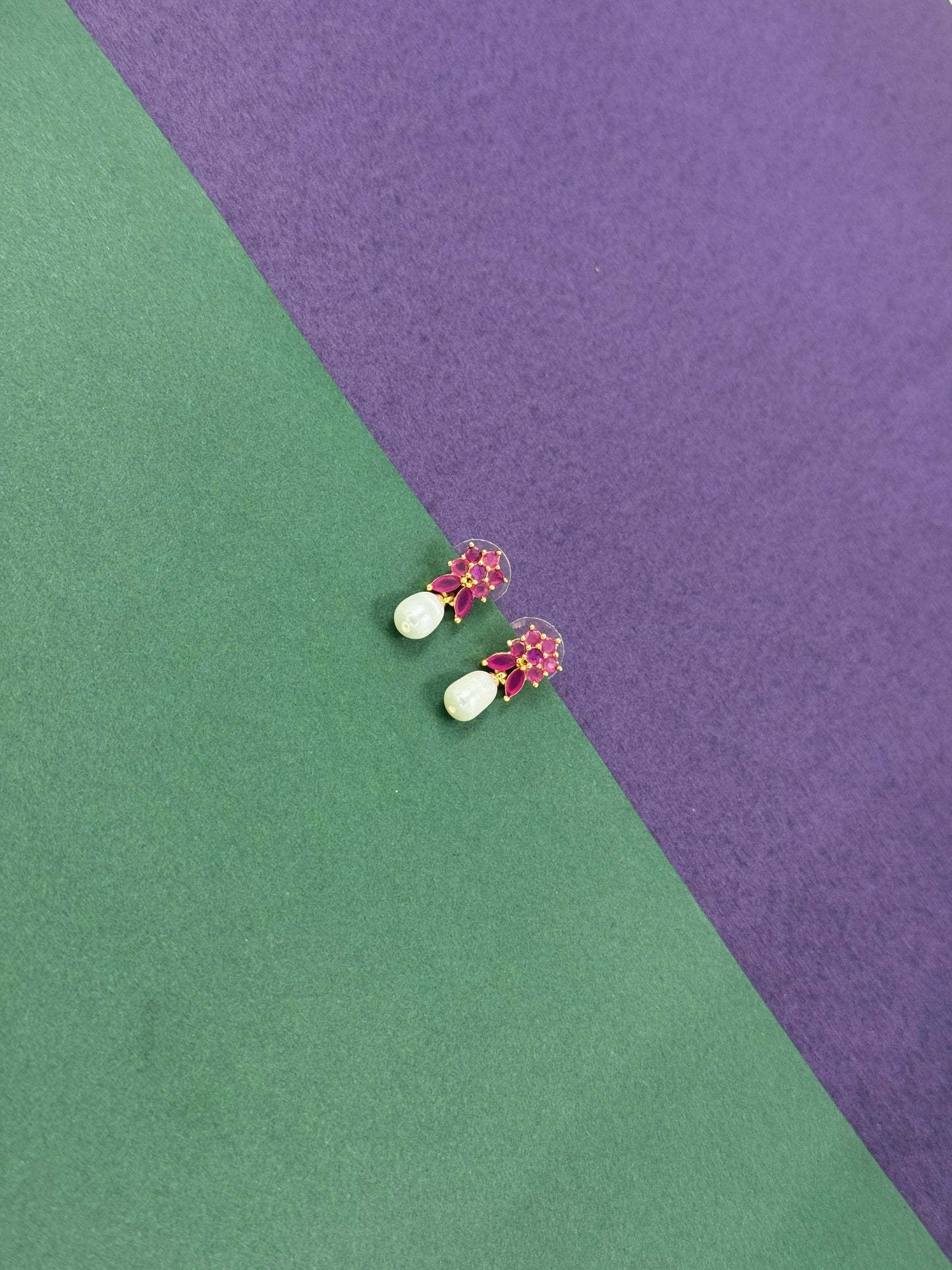 Gold-Plated Pink Gemstone & Pearl Dangle Earrings