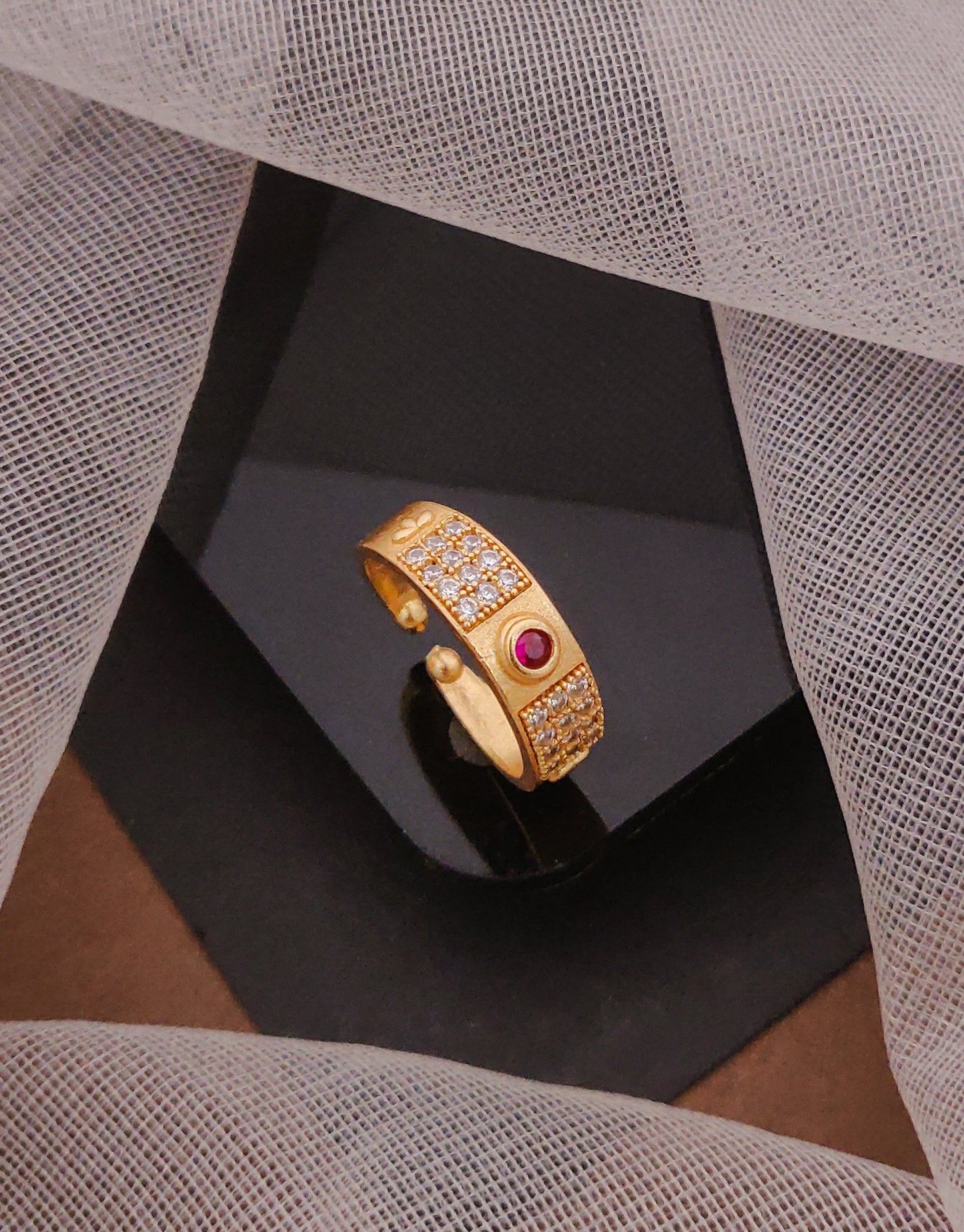 Ruby Stoned Gold Finish Adjustable ring