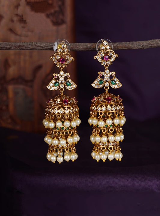 Traditional Gold Jhumka Earrings with Pearl and Gemstone