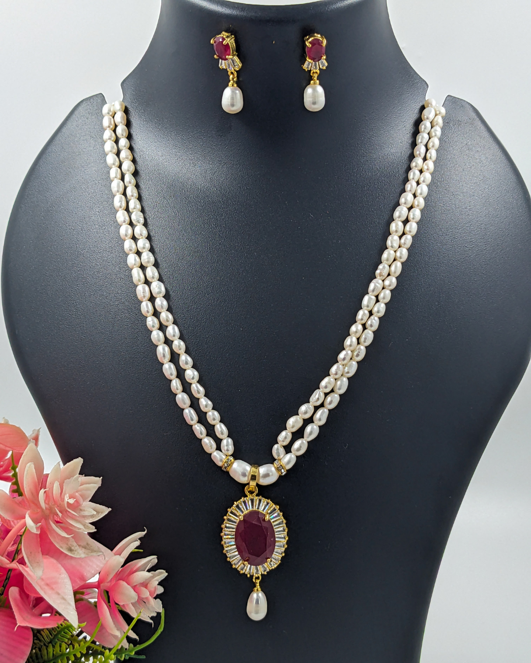 Pearl & Ruby Pendant Necklace