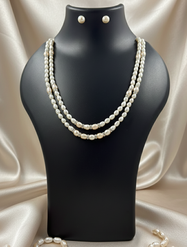 2-Line Dual-Tone Pearl Necklace with CZ Spacers