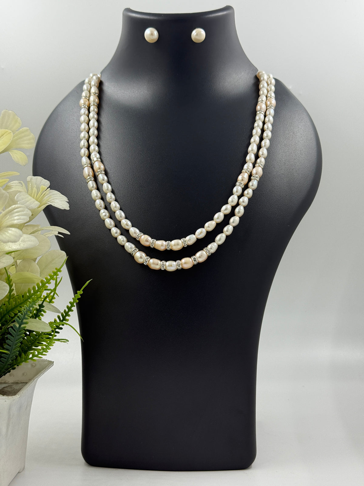 2-Line Dual-Tone Freshwater Pearl Necklace with CZ Spacers – Statement Set