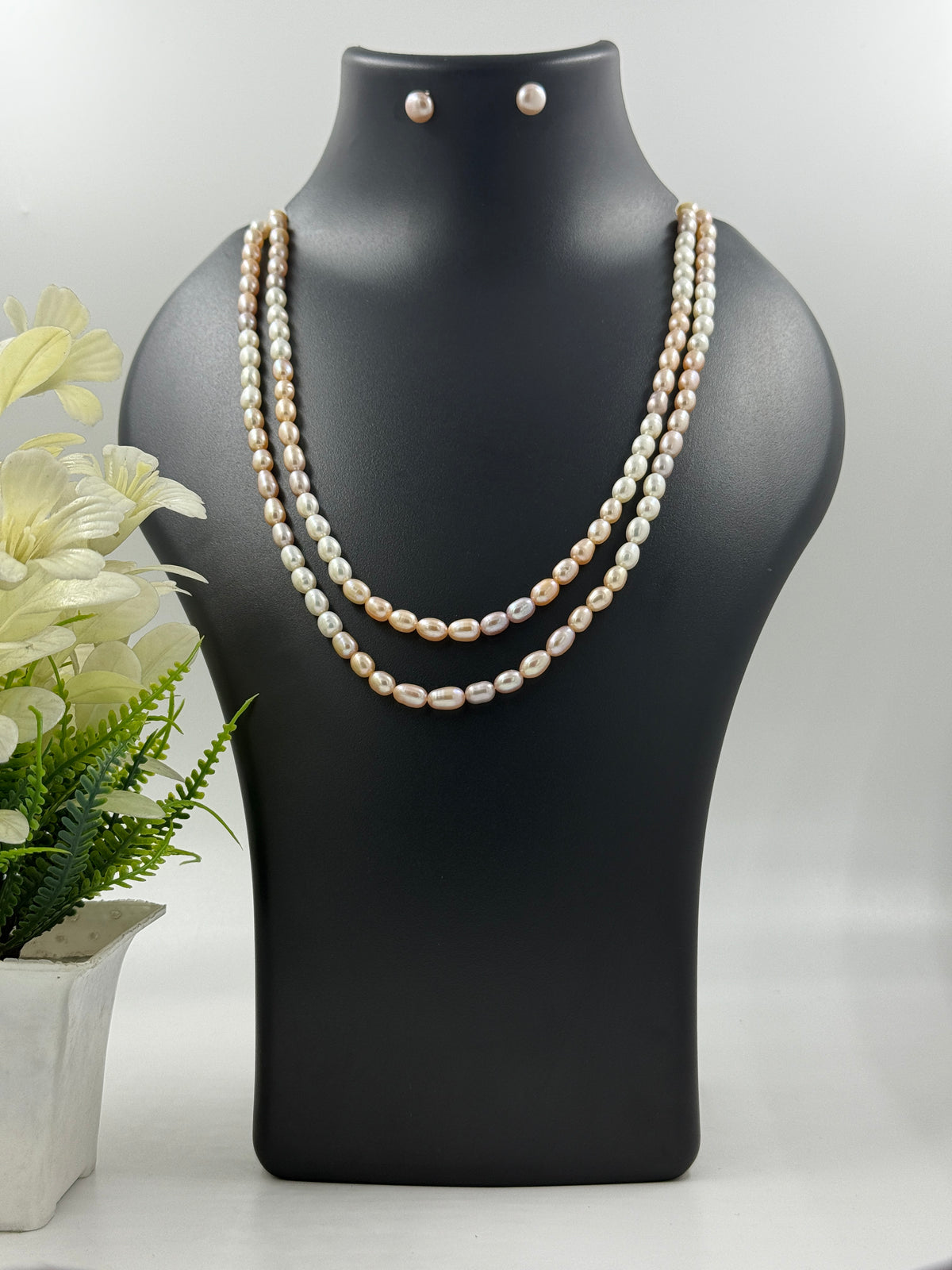 2-Line Peach & White Freshwater Pearl Necklace Set – Dual-Tone Elegance