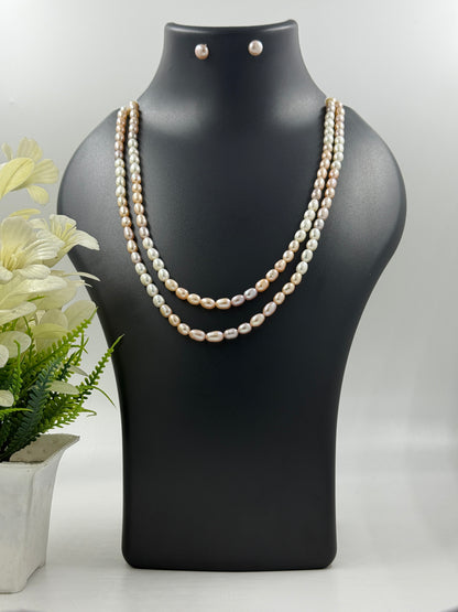 2-Line Peach & White Freshwater Pearl Necklace Set – Dual-Tone Elegance