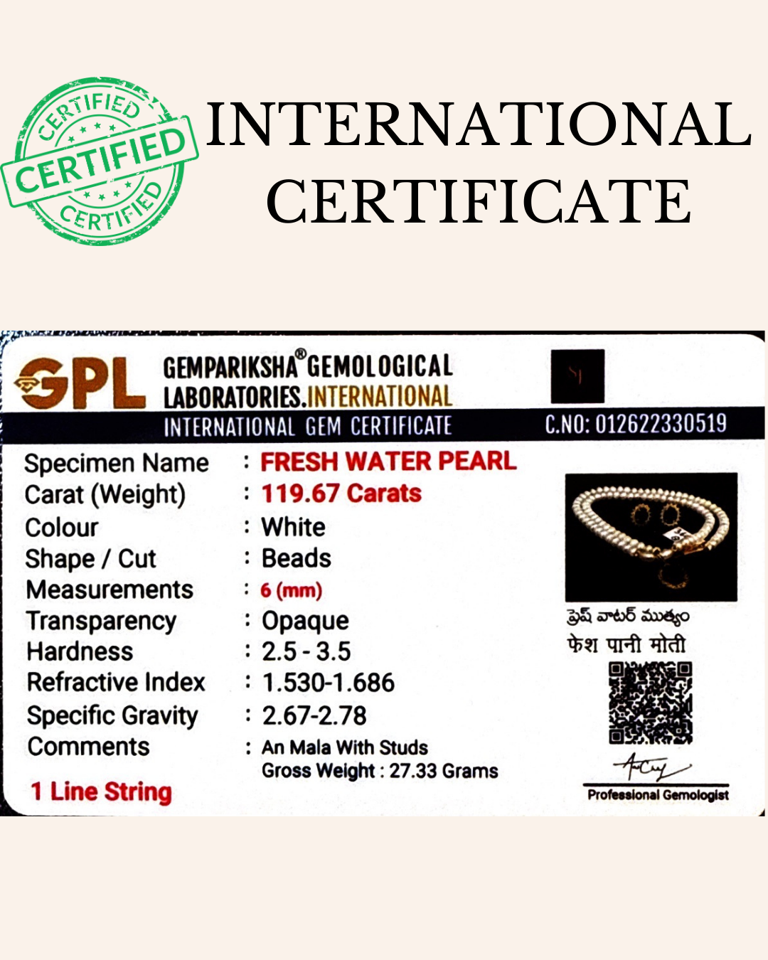 Single Strand Pearls with Green Stone Pendant & Earrings