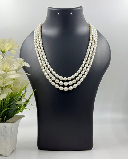 Triple-Strand White Freshwater Pearl Necklace Set, 10mm Freshwater Rice Pearls