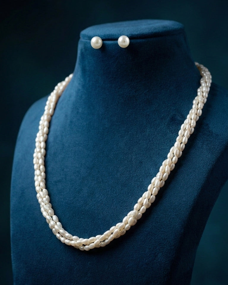 3 lines Twisted White Rice Pearl Necklace Set
