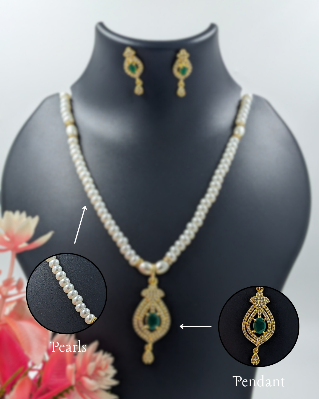 Pearl & Emerald Drop Pendant Necklace Set With Earrings For Gifting
