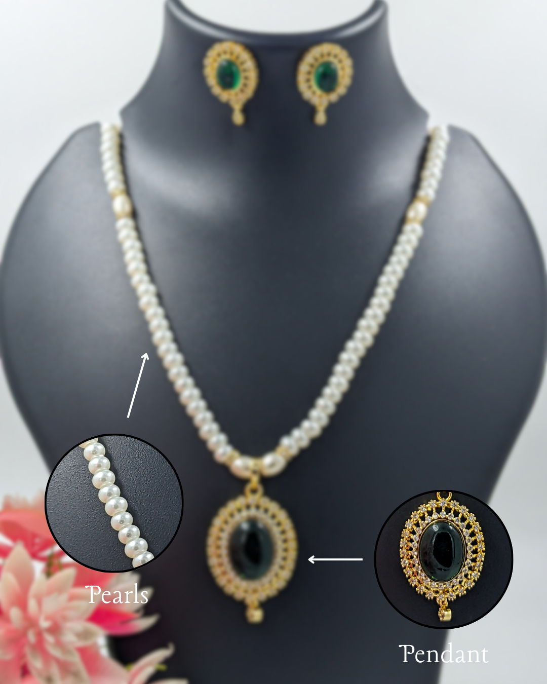 Pearl & Emerald Pendant Necklace Set With Earrings For Gifting