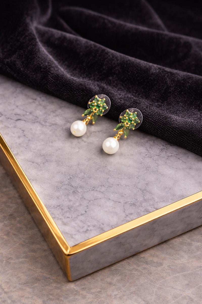 Gold-Plated Green Leaf & Pearl Dangle Earrings