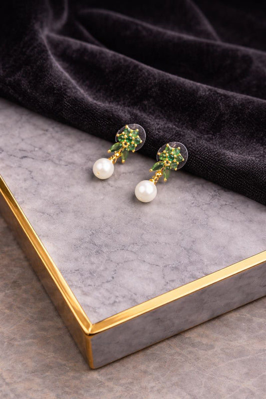 Gold-Plated Green Leaf & Pearl Dangle Earrings