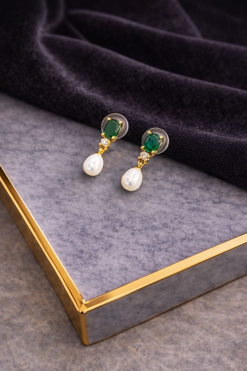 Elegant Emerald & Pearl Minimalist Earrings