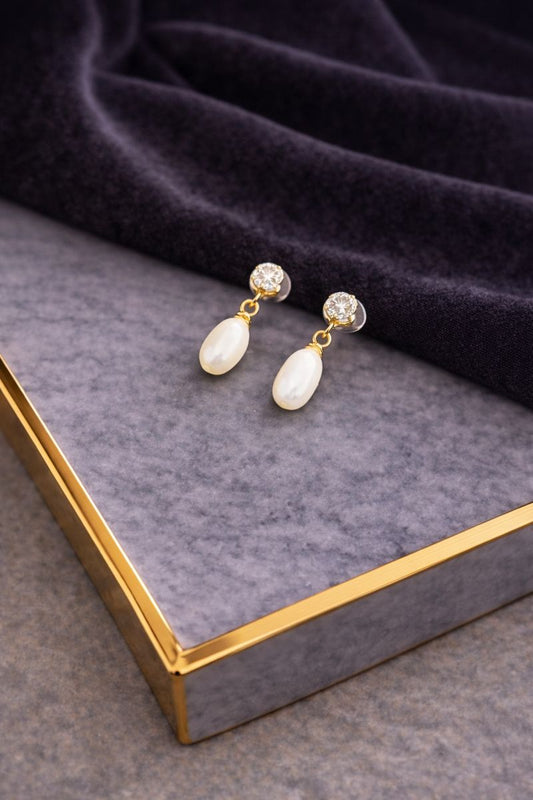 Elegant Single Stone & White Pearl Earrings