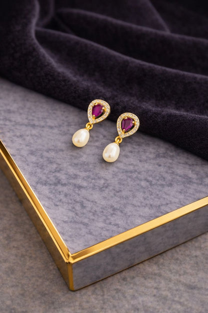 Ruby Pink Teardrop Halo Earrings with Pearl Drop