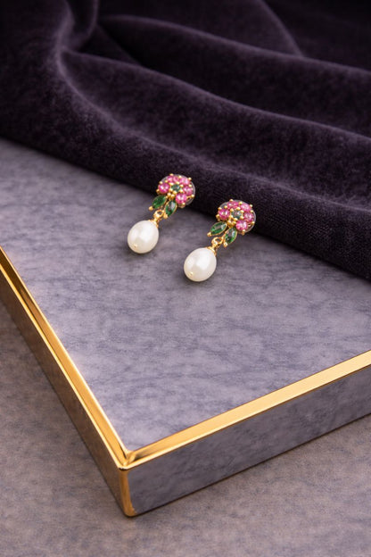 Vibrant Pink & Green Floral Pearl Drop Earrings