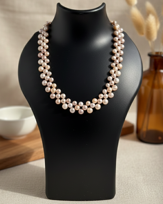 Pearl necklace on a black mannequin bust with a neutral background