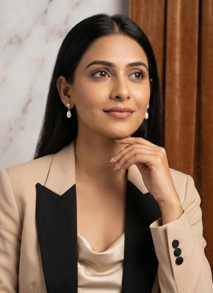 Elegant Single Stone & White Pearl Earrings