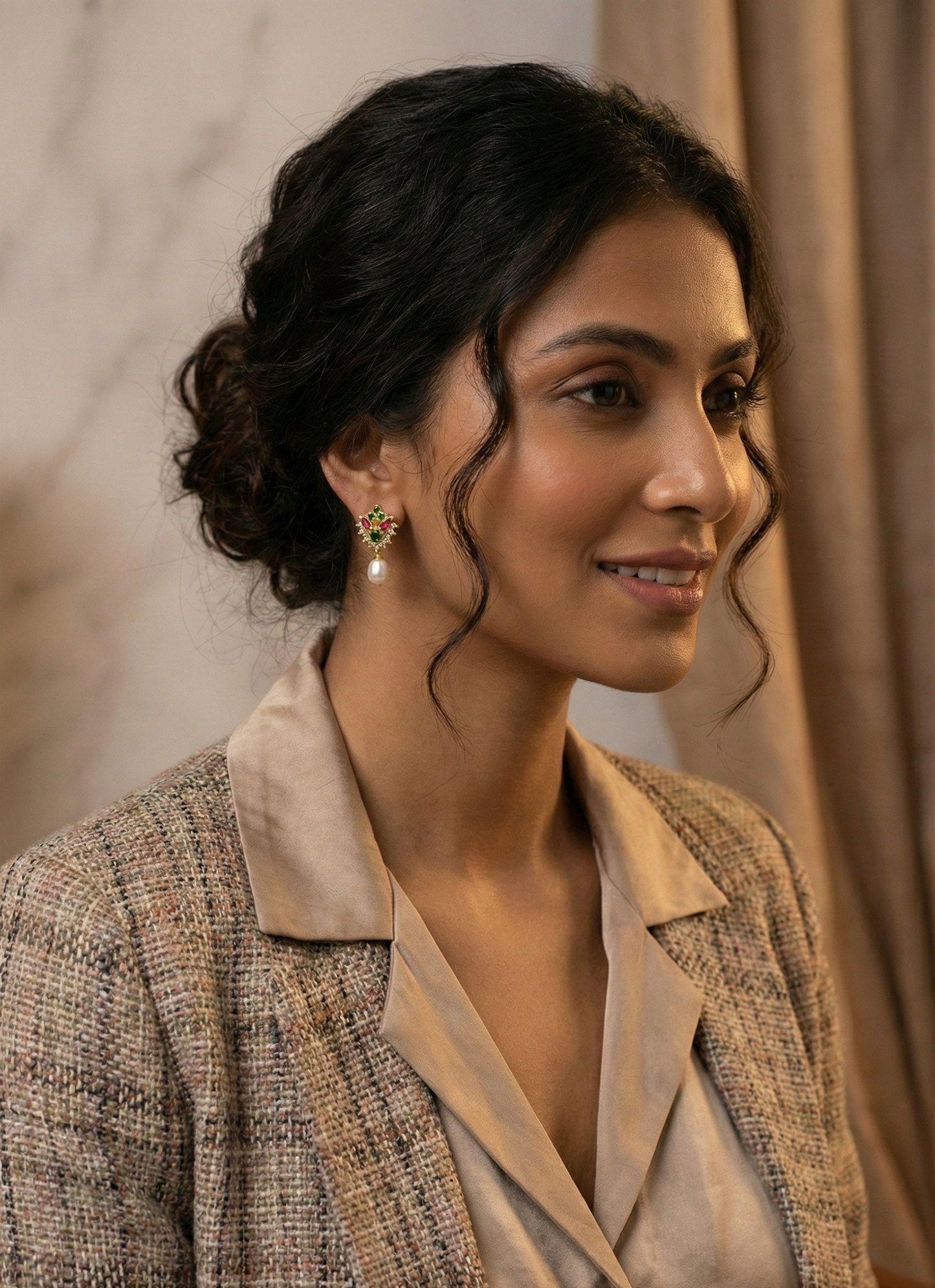 Regal Ruby & Emerald Floral Pearl Drop Earrings