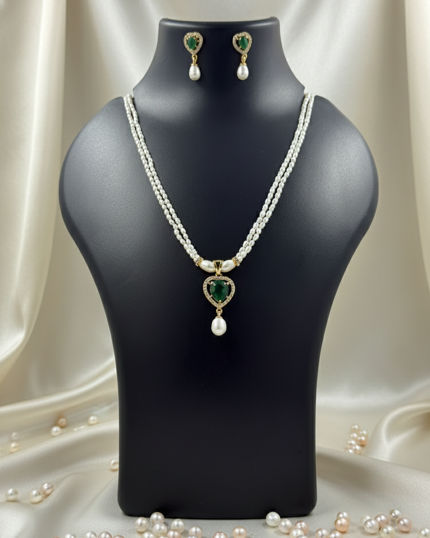 Double-Strand Pearl Necklace with Green Heart Pendant Set