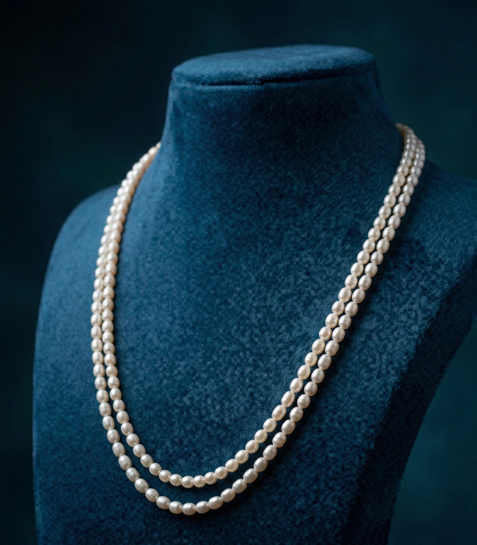Pearl necklace on a blue mannequin bust against a dark background