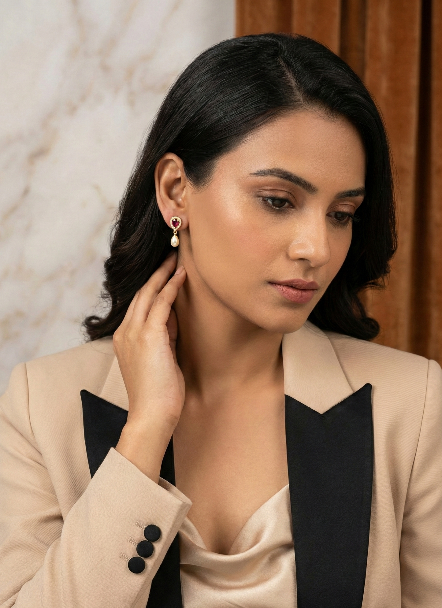 Ruby Pink Teardrop Halo Earrings with Pearl Drop