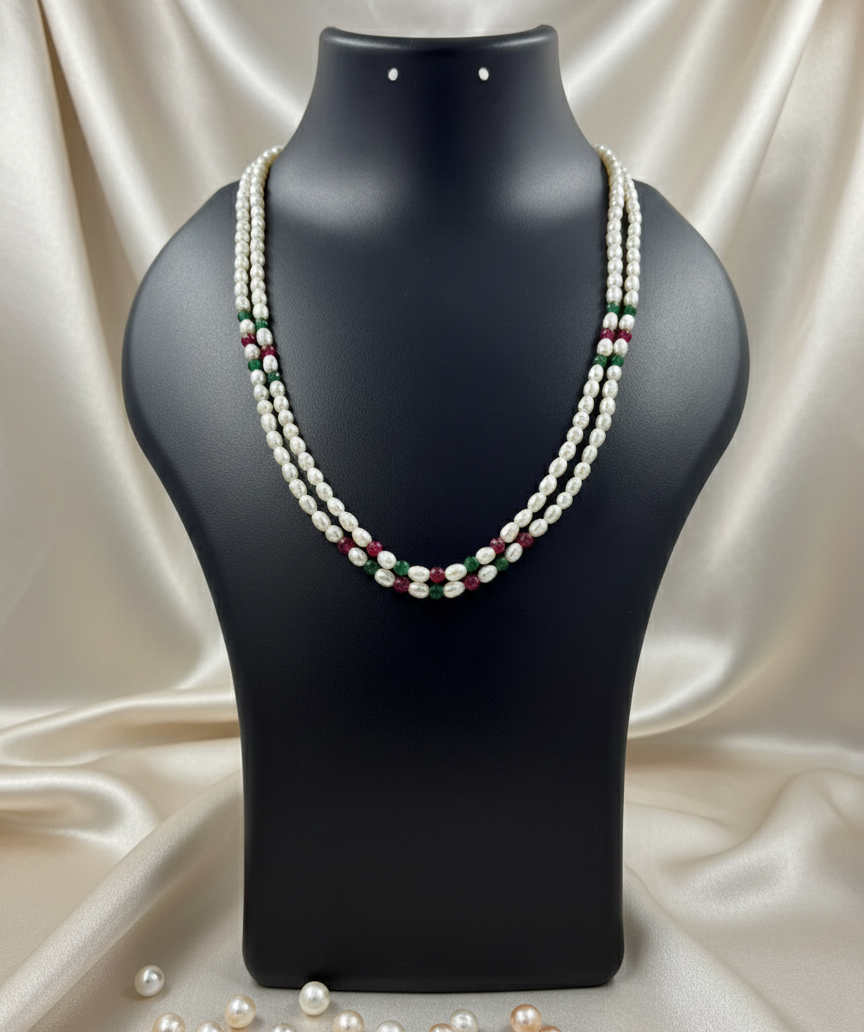 Double-Strand Pearl Necklace with Red & Green Beads