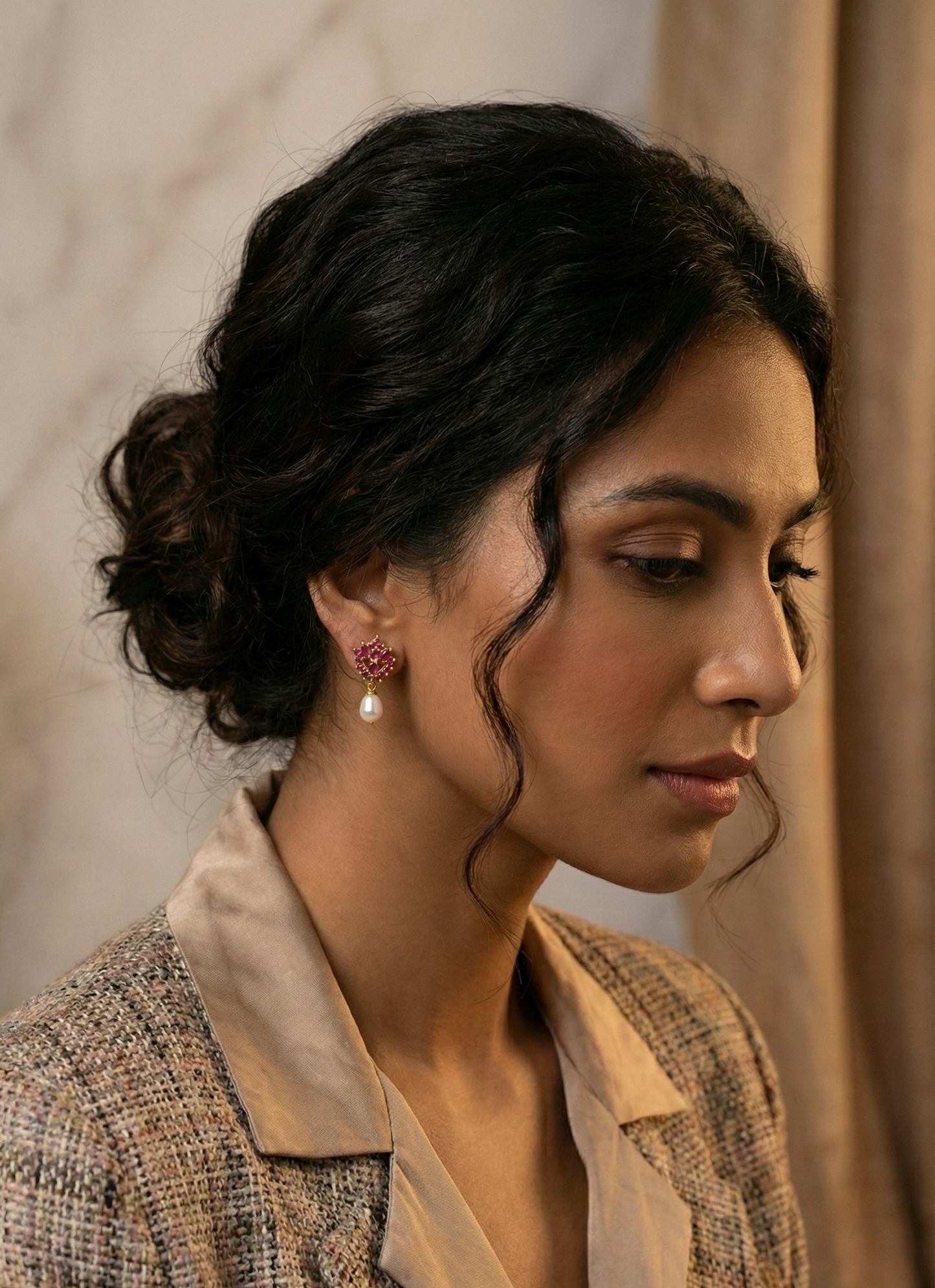 Royal Ruby Pink Floral Pearl Drop Earring