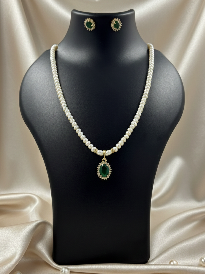 Single Strand Pearls with Green Stone Pendant & Earrings