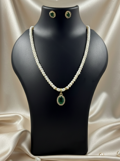 Single Strand Pearls with Green Stone Pendant & Earrings